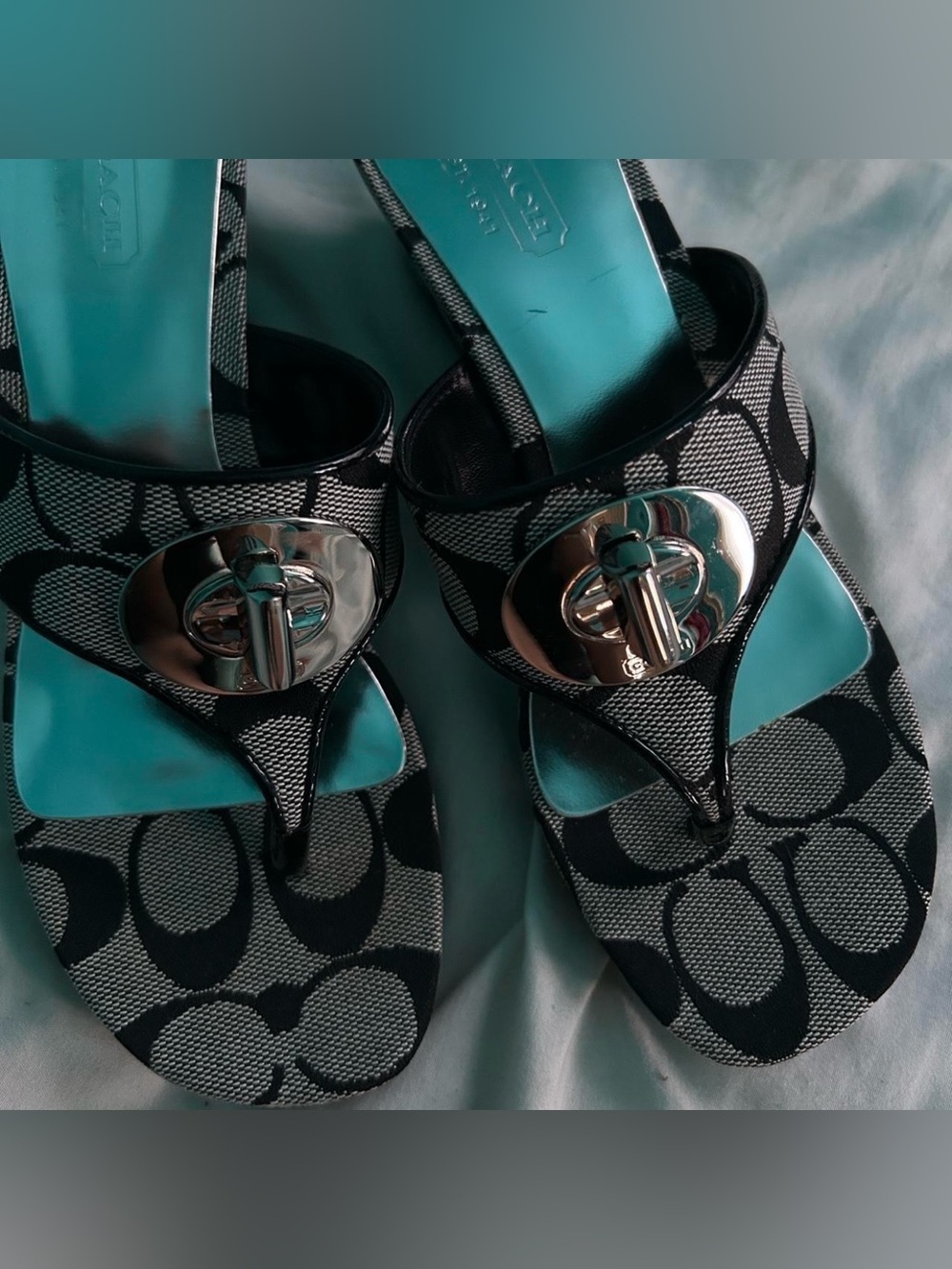 Coach Black Signature Jacquard Thong Sandals with silver Footbed